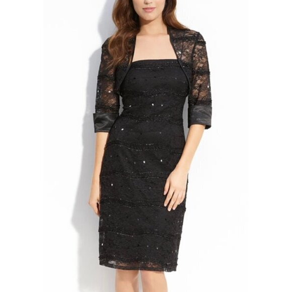 JS Collections Sz 6 Black Lace Ruffle Sheath Dress Bolero Jacket Formal Set RARE - Picture 1 of 16